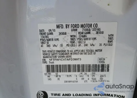 2010 Ford F150 Supercrew from USA, damaged, VIN 1FTFW1CV7AFD39973